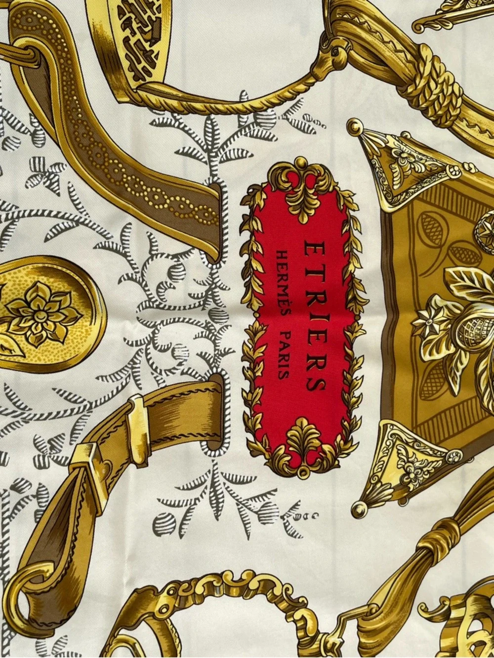 Hermes Red Black Cream Silk Scarf with Gold Equestrian Motifs - Picture 9 of 13
